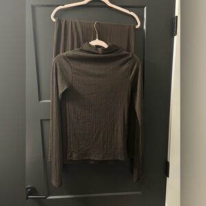 Brown Ribbed Long Sleeve Skirt Set